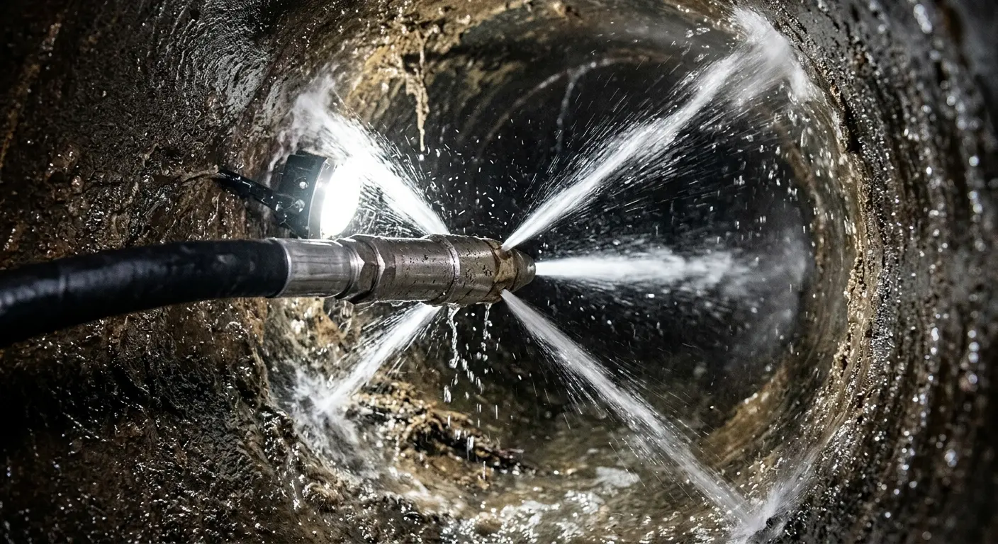 High-pressure hydro jetting nozzle cleaning sewer pipe for Trenchless Sewer Repair in East Chicago
