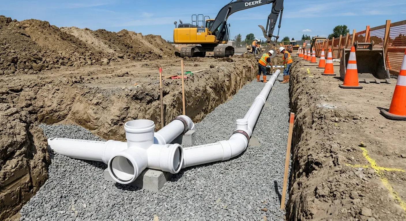 New PVC sewer pipe installation in open trench for Sewer Backup in East Chicago