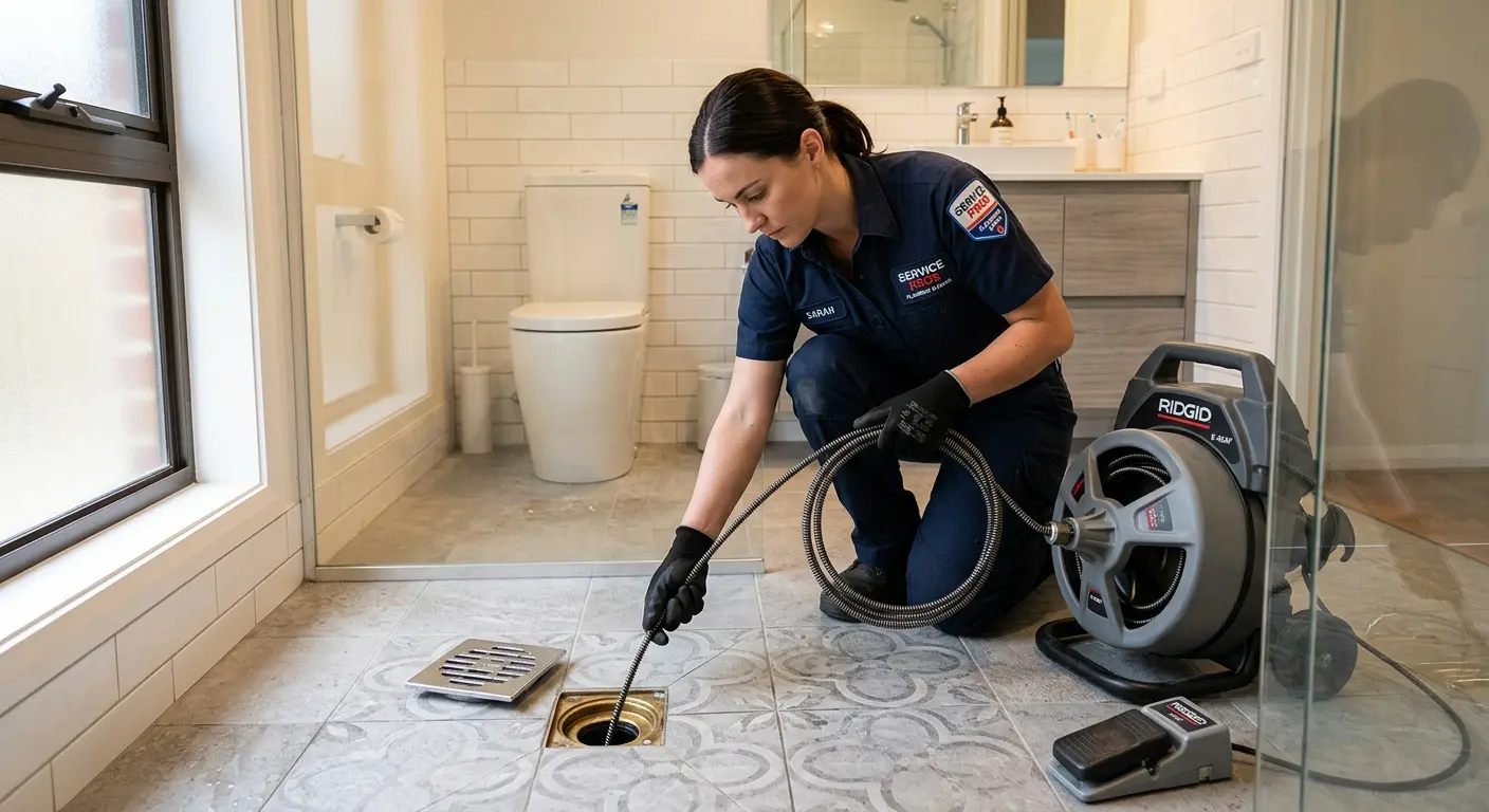 Technician clearing a bathroom floor drain for Clogged Drain Repair in East Chicago